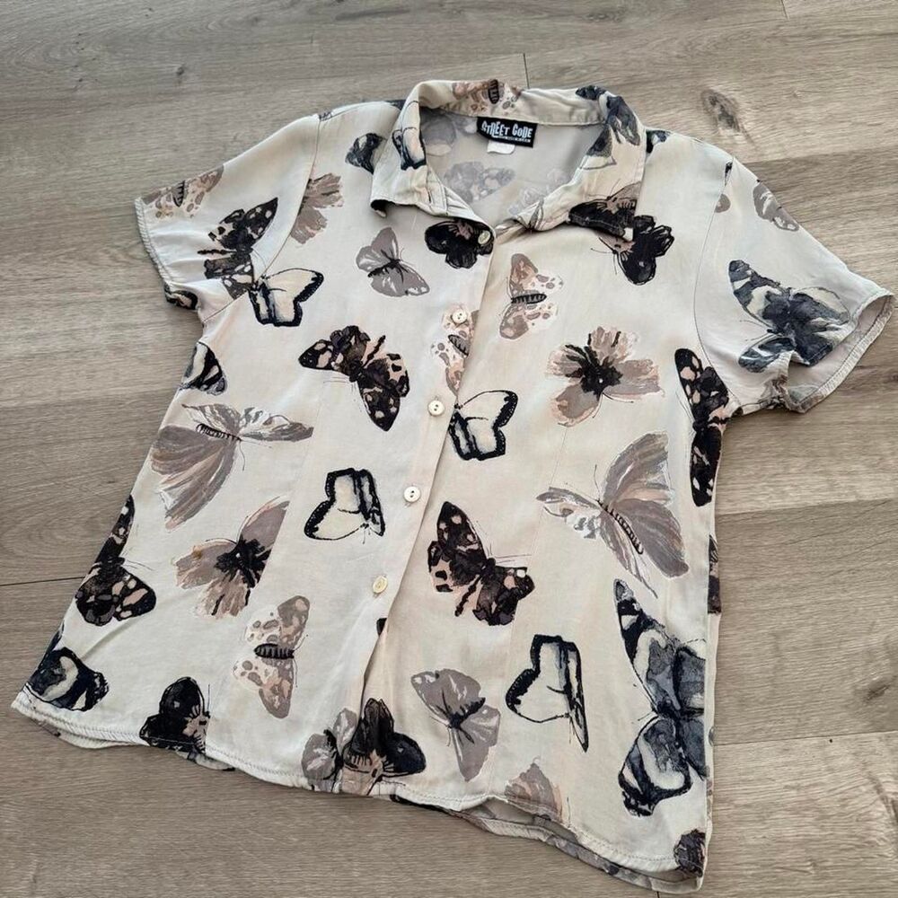 Street Code VTG 90s Butterfly Button Up Blouse Women's Medium Rayon Grunge Fairy